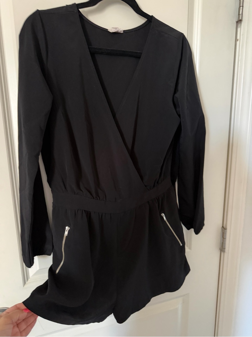 Black Long-Sleeve V-Neck Romper with Zip Pockets